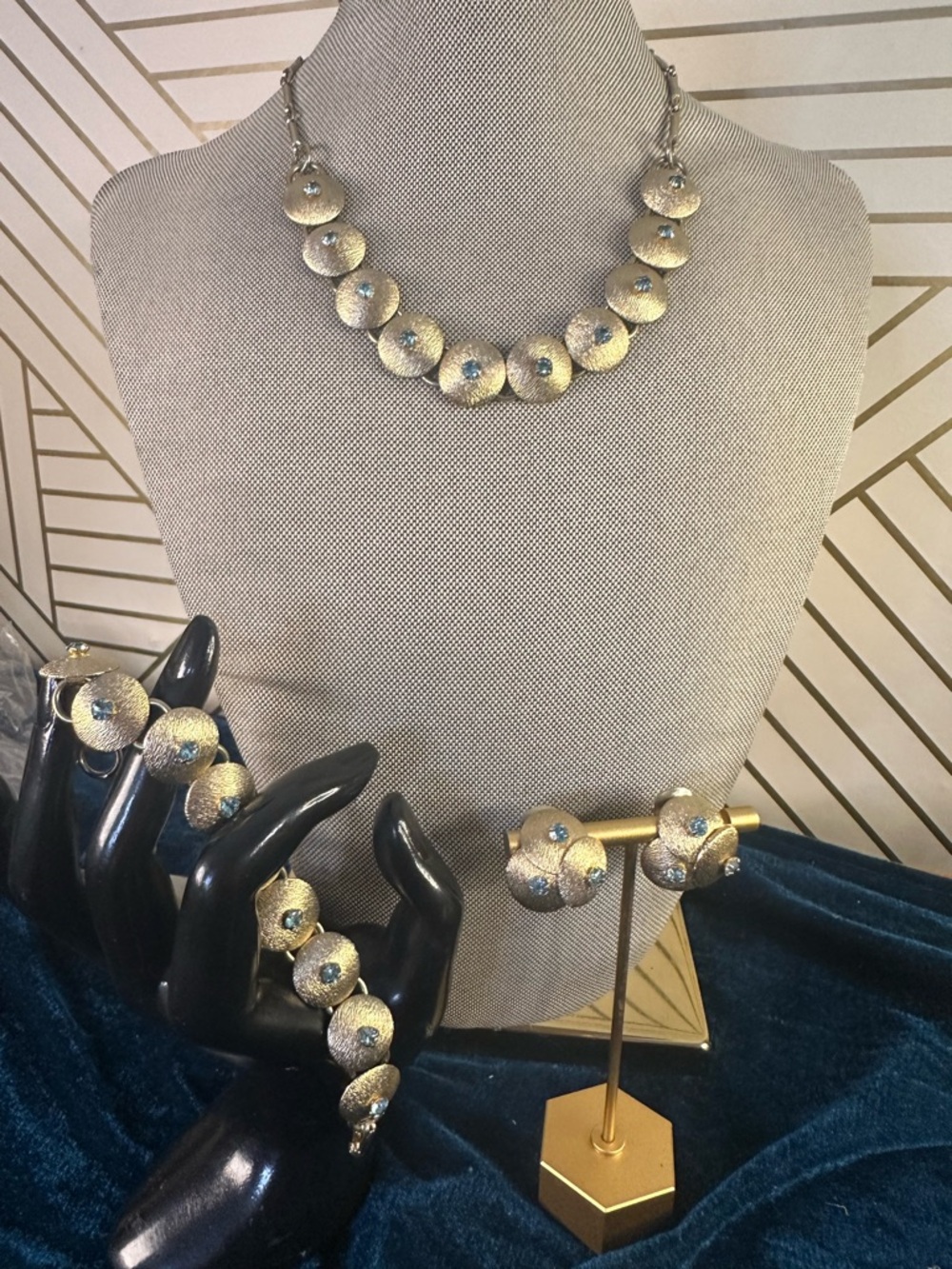Gold-Tone Flower Disc Necklace & Bracelet Set with Blue Accents
